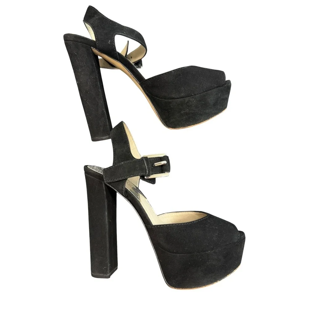 Michael Kors Platform Sandals Womens 6M Black Suede Block Heel Ankle Strap Y2K